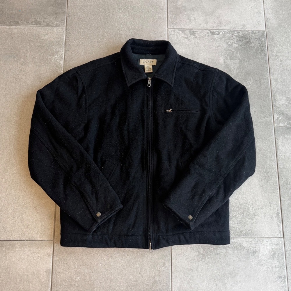 J. Crew Mens Black Wool Blend Full Zip Quilted Lined Jacket Medium Harrington